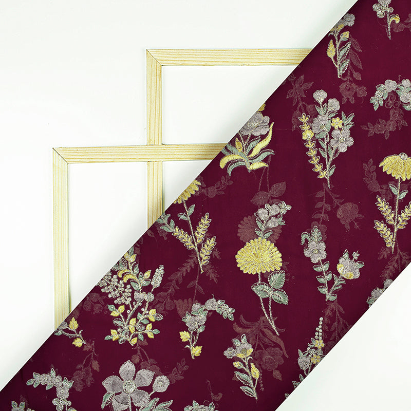 Burgundy Purple And Corn Yellow Floral Pattern Embroidery Georgette Fabric - Fabcurate