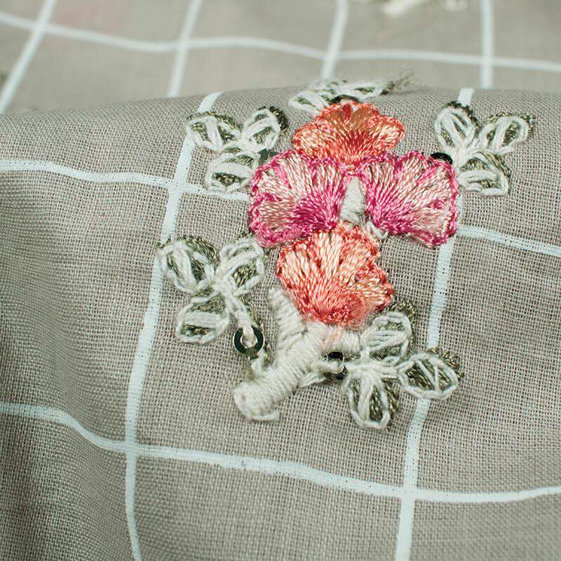 Pastel Grey Floral Pattern Embroidery Khari Checks Cotton Fabric - Fabcurate