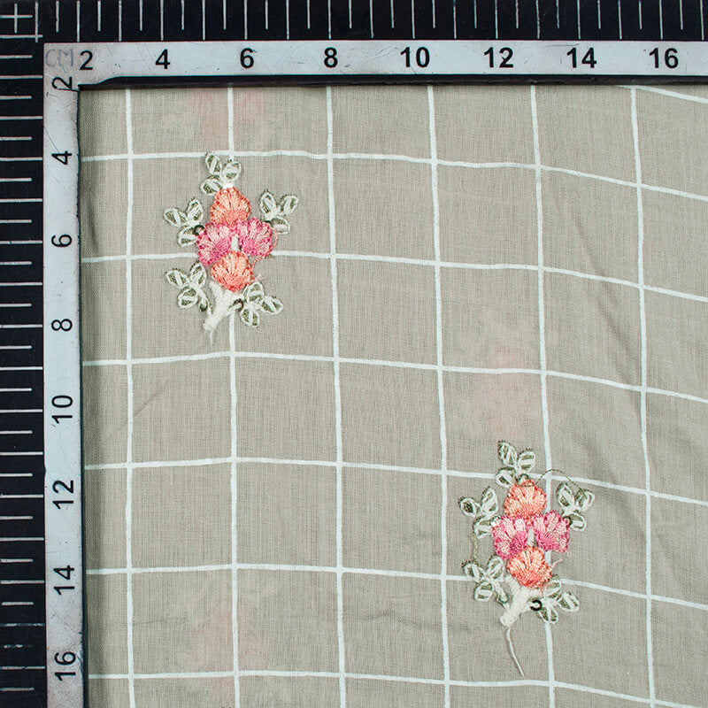 Pastel Grey Floral Pattern Embroidery Khari Checks Cotton Fabric - Fabcurate