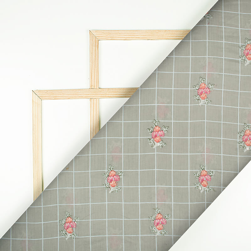 Pastel Grey Floral Pattern Embroidery Khari Checks Cotton Fabric - Fabcurate
