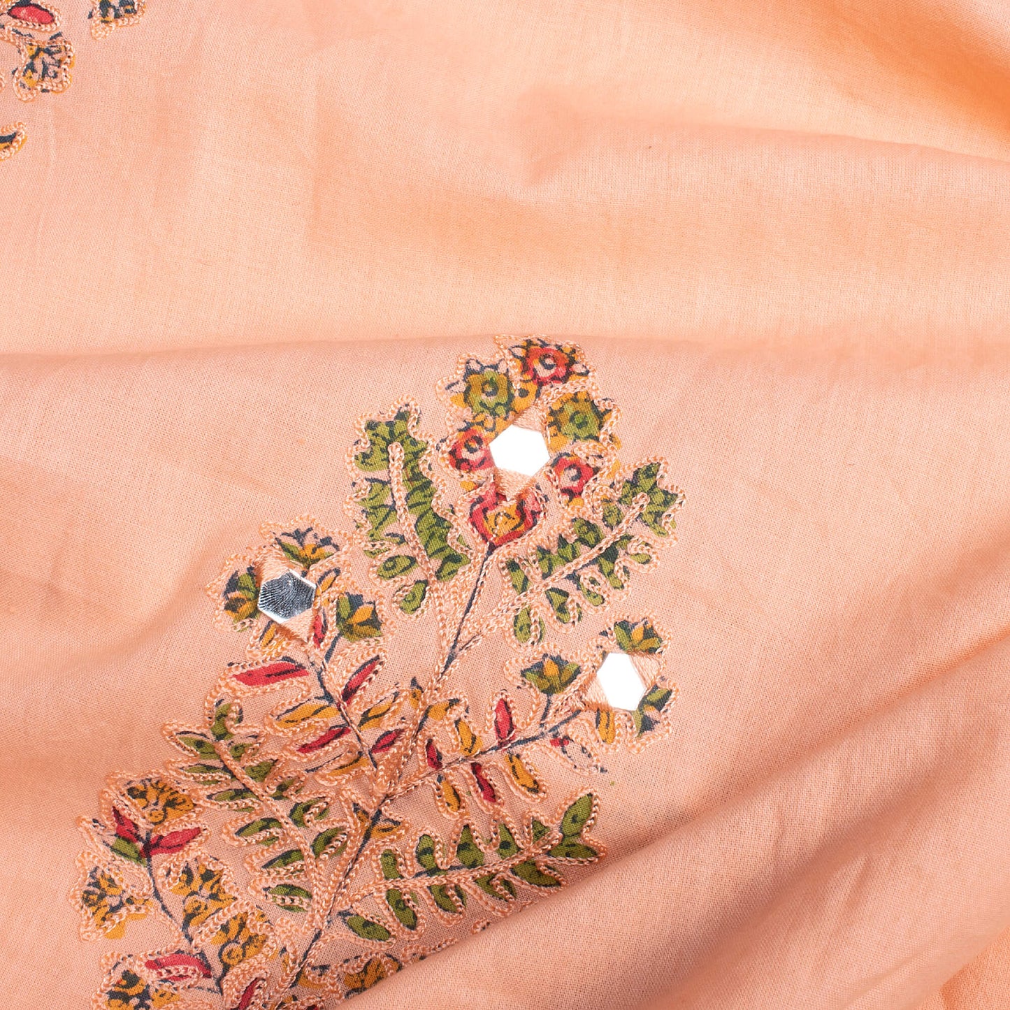 Peach And Green Floral Pattern Embroidery With Mirror Work Natural Dye Handblock Cotton Fabric