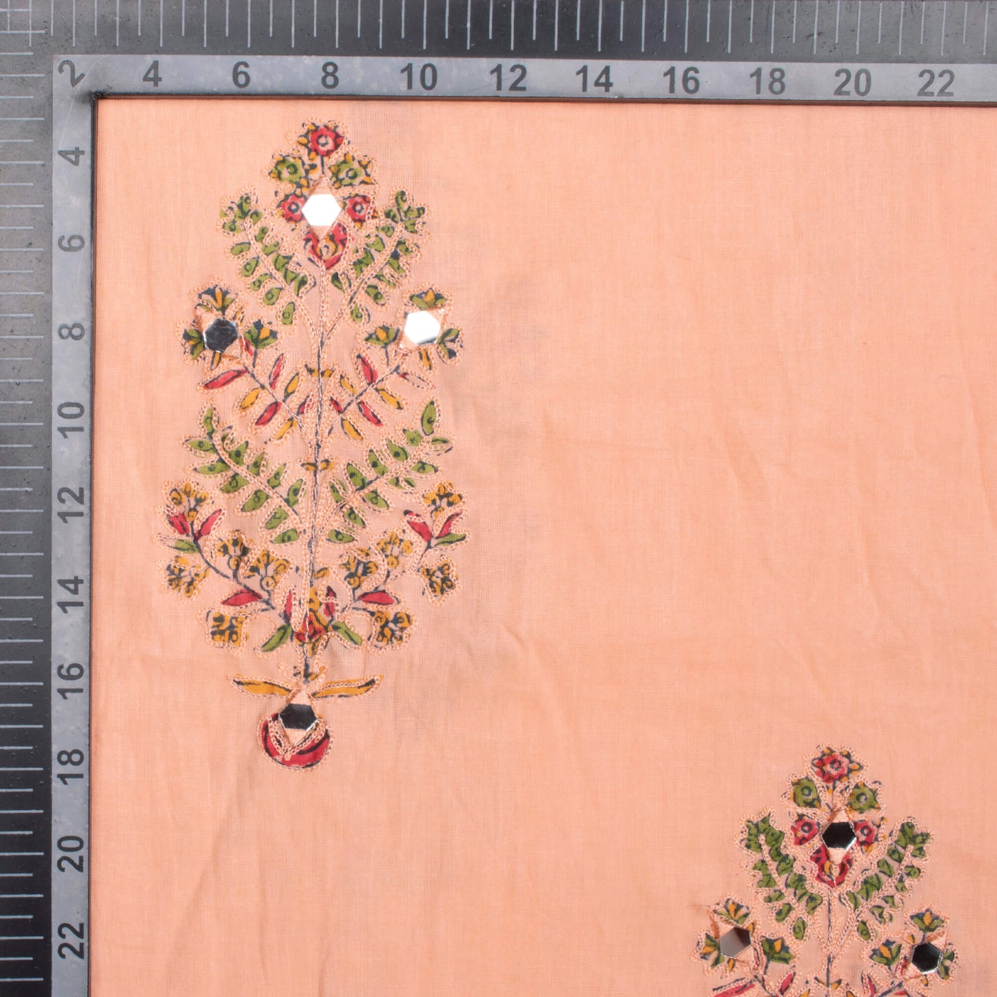 Peach And Green Floral Pattern Embroidery With Mirror Work Natural Dye Handblock Cotton Fabric