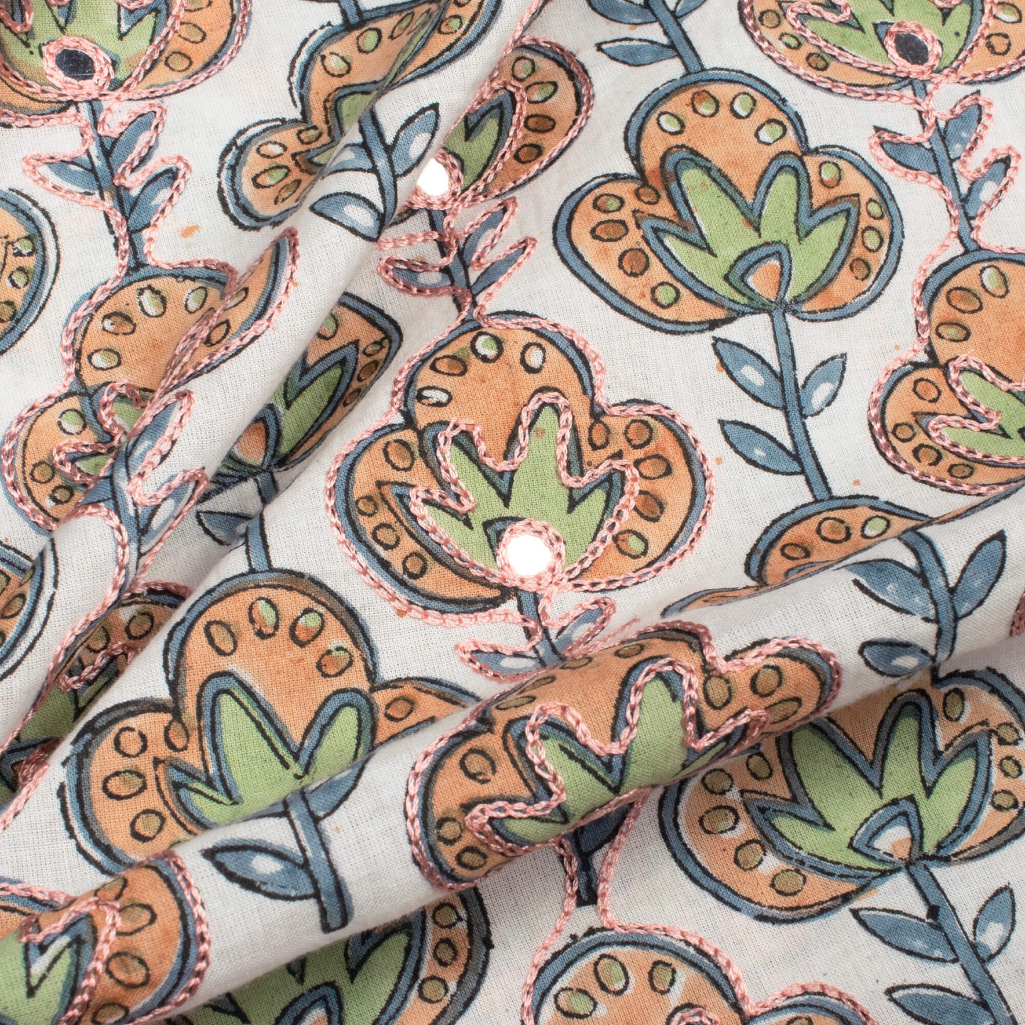 White And Peach Floral Pattern Embroidery With Foil Mirror Work Handblock Cotton Fabric
