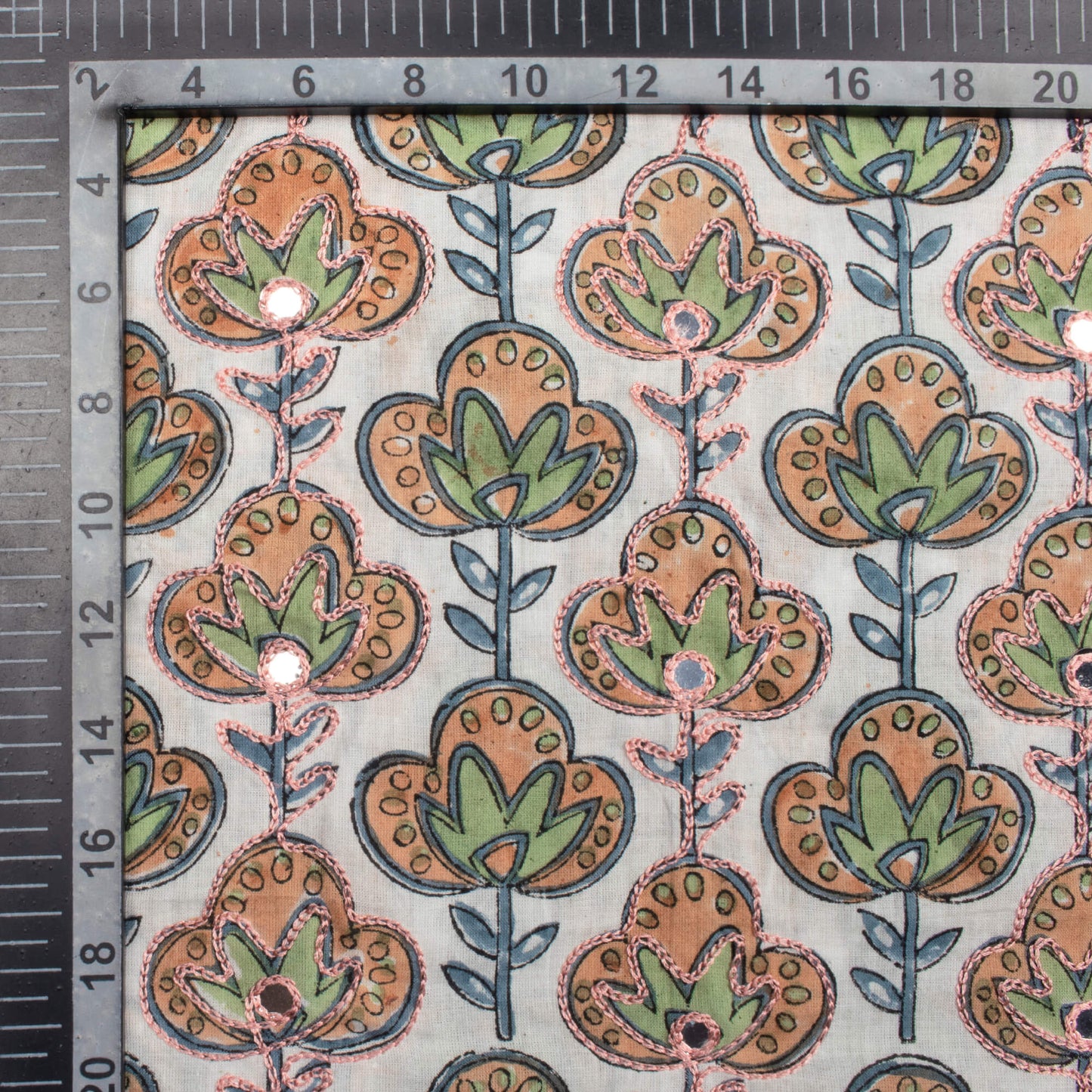 White And Peach Floral Pattern Embroidery With Foil Mirror Work Handblock Cotton Fabric
