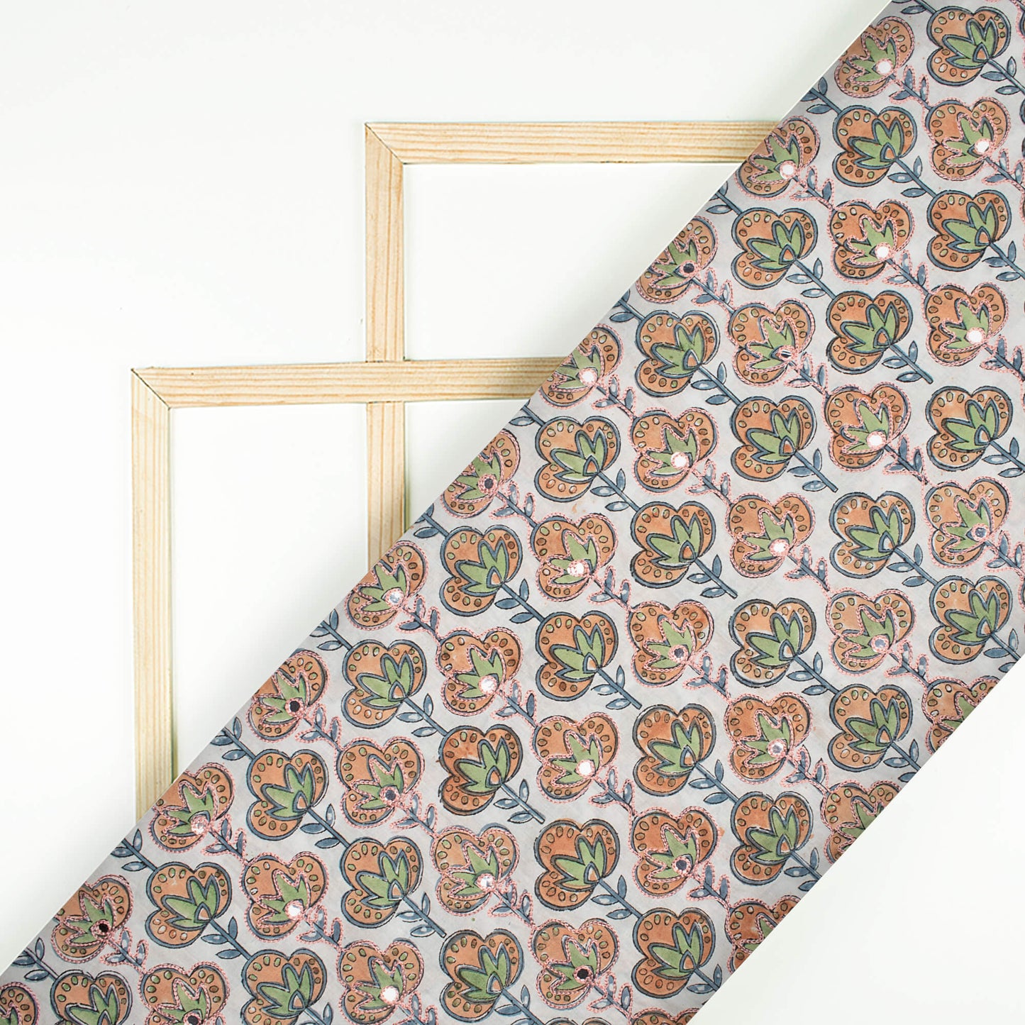 White And Peach Floral Pattern Embroidery With Foil Mirror Work Handblock Cotton Fabric