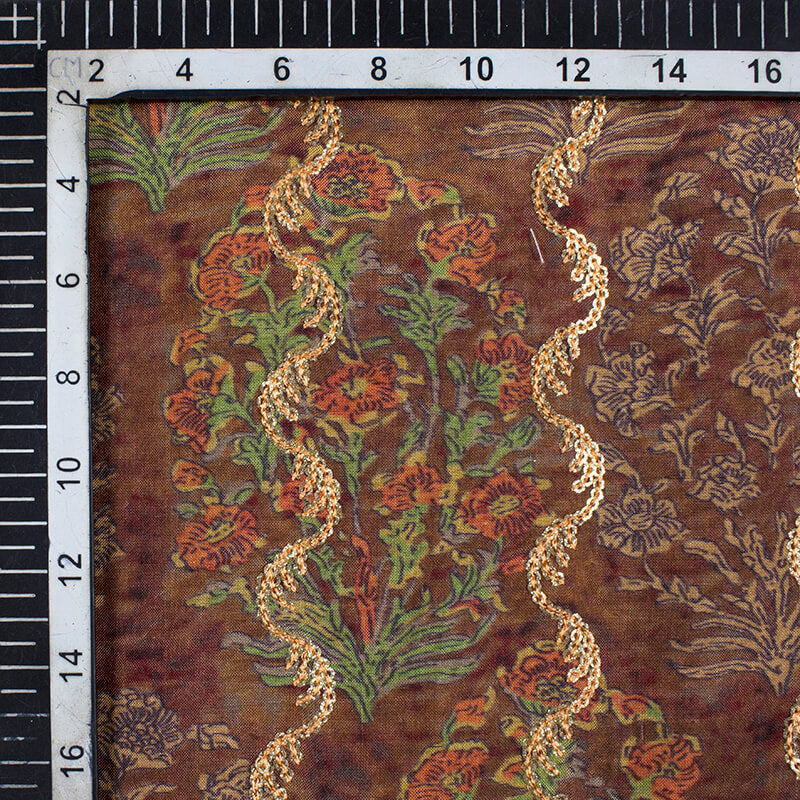 Brown And Red Floral Pattern Sequince Digital Print Muslin Fabric - Fabcurate