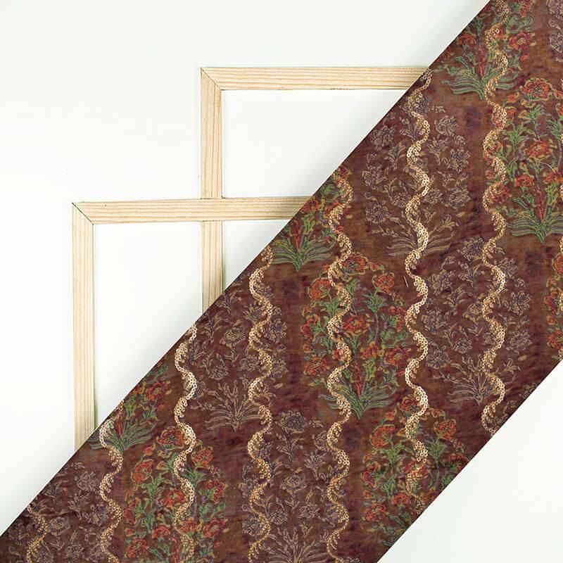 Brown And Red Floral Pattern Sequince Digital Print Muslin Fabric - Fabcurate