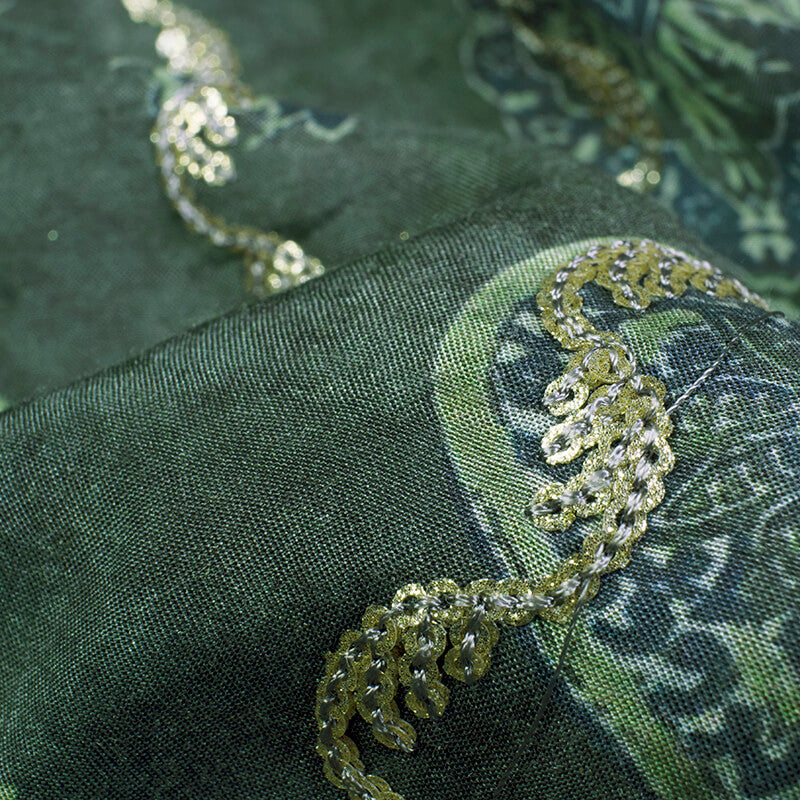 Seaweed Green And Dark Blue Ethnic Pattern Sequince Digital Print Muslin Fabric - Fabcurate