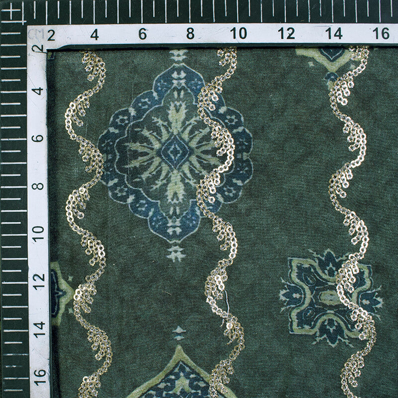 Seaweed Green And Dark Blue Ethnic Pattern Sequince Digital Print Muslin Fabric - Fabcurate