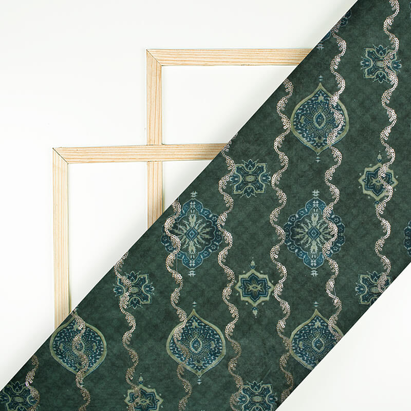Seaweed Green And Dark Blue Ethnic Pattern Sequince Digital Print Muslin Fabric - Fabcurate