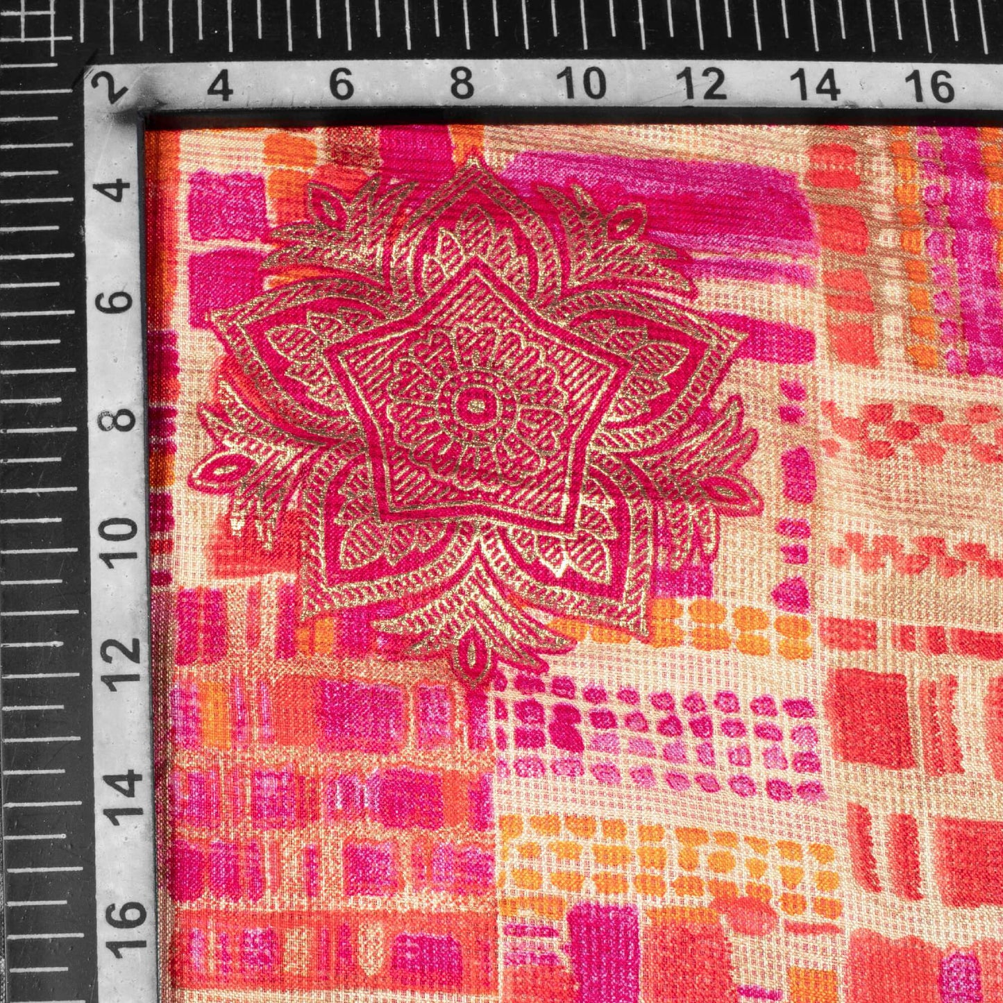 Orange And Pink Ethnic Pattern Foil Print Kota Doria Fabric - Fabcurate