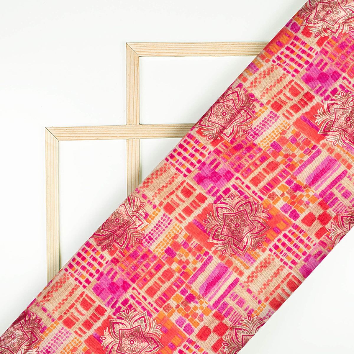 Orange And Pink Ethnic Pattern Foil Print Kota Doria Fabric - Fabcurate