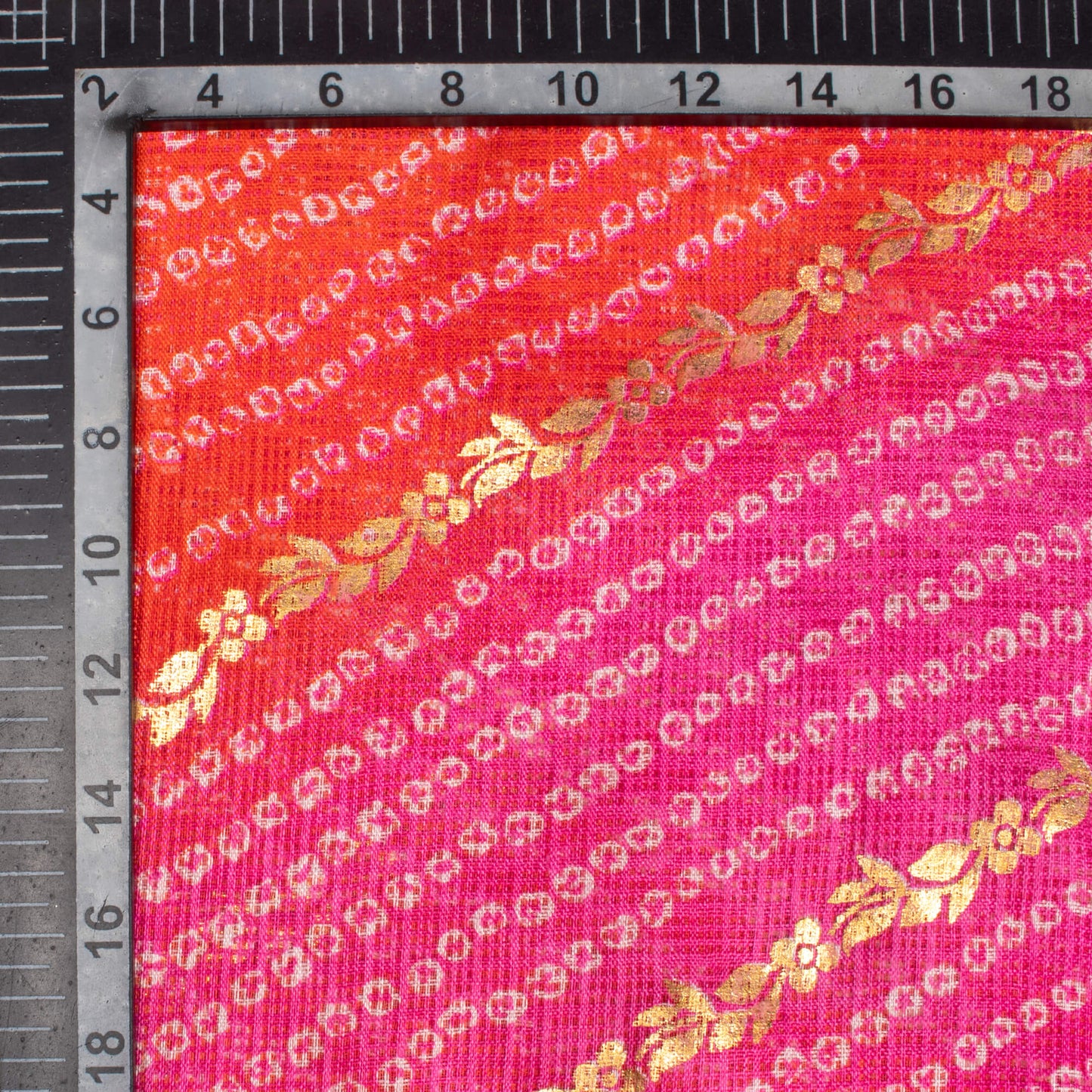 Magenta Pink And Fire Orange Bandhani Pattern Foil Print Kota Doria Fabric