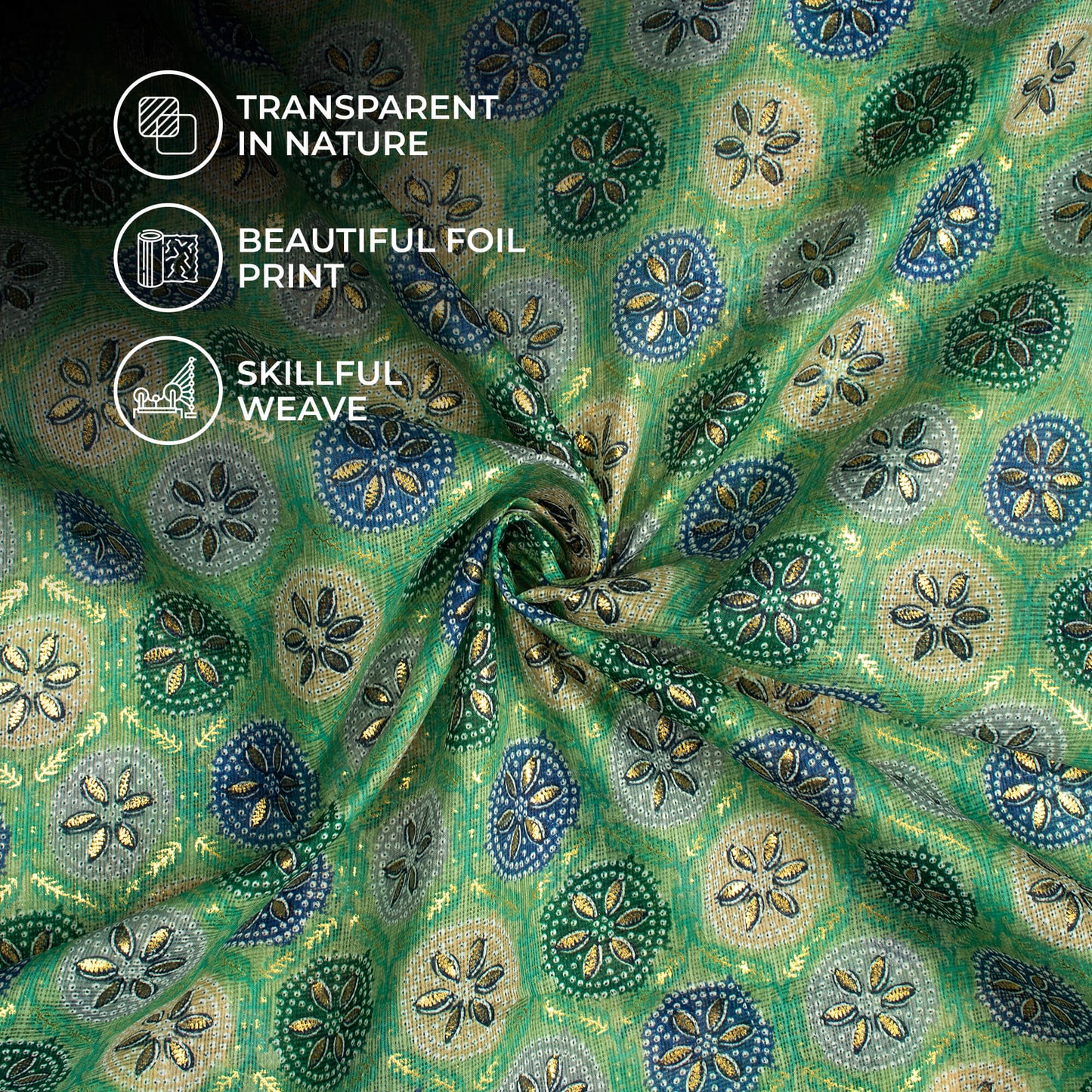 Middle Green And Space Blue Traditional Pattern Foil Print Kota Doria Fabric