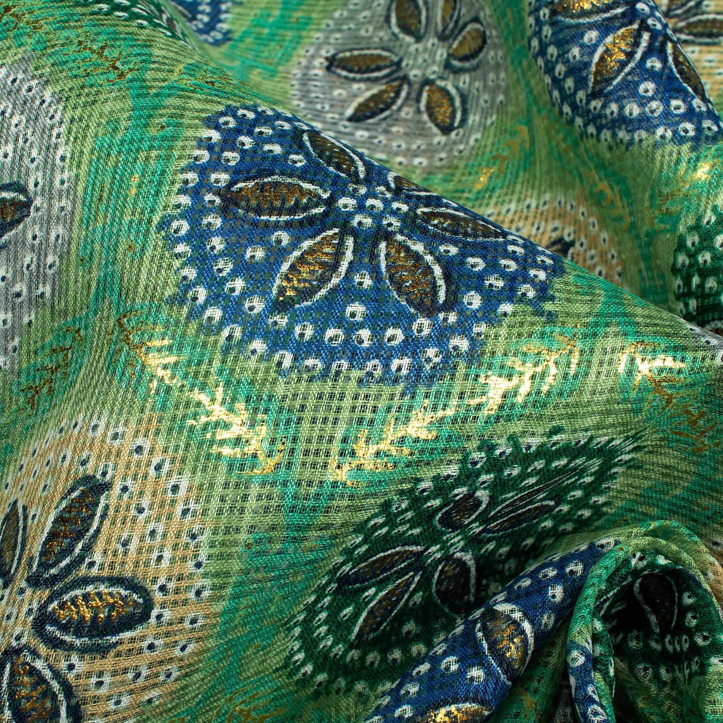 Middle Green And Space Blue Traditional Pattern Foil Print Kota Doria Fabric