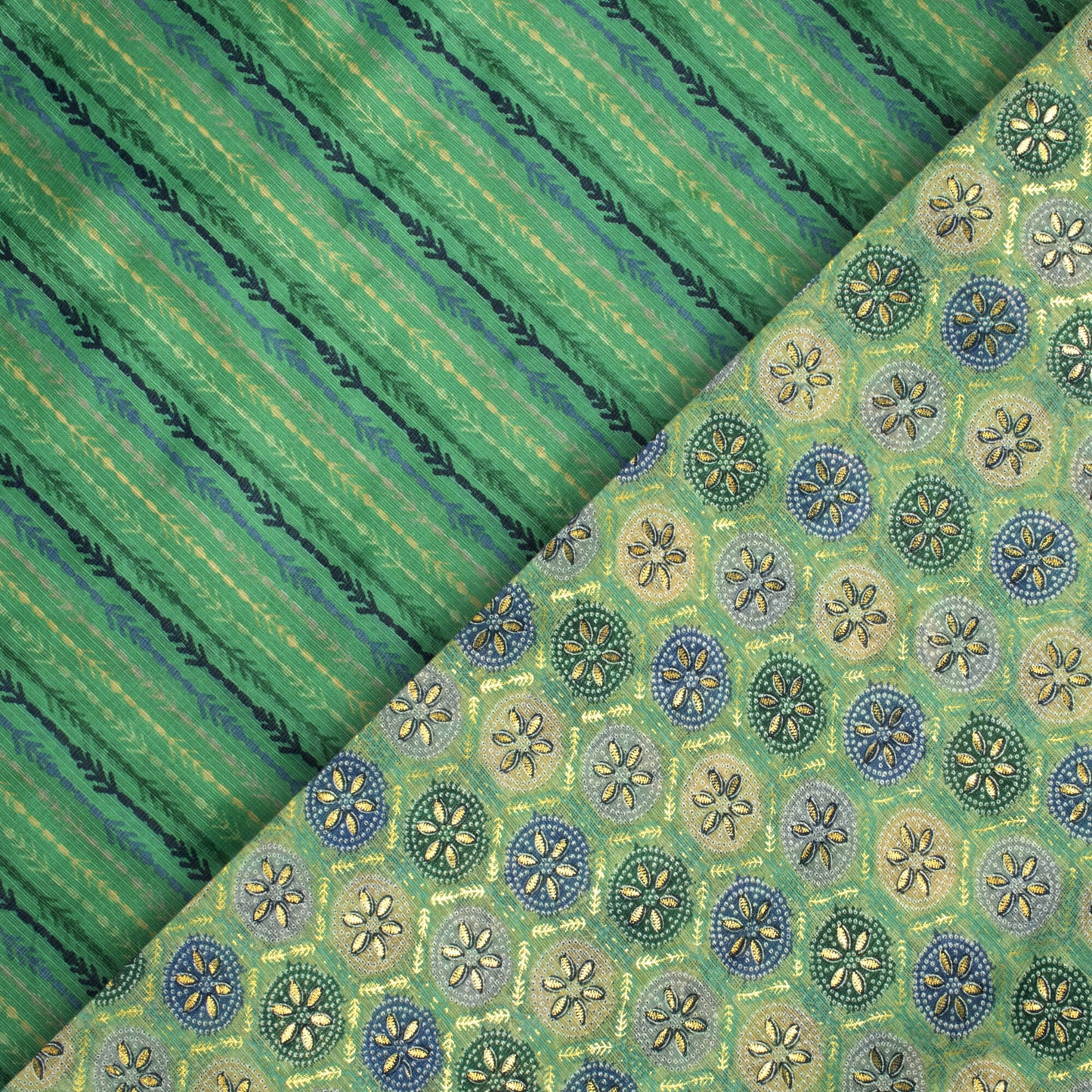 Middle Green And Space Blue Traditional Pattern Foil Print Kota Doria Fabric