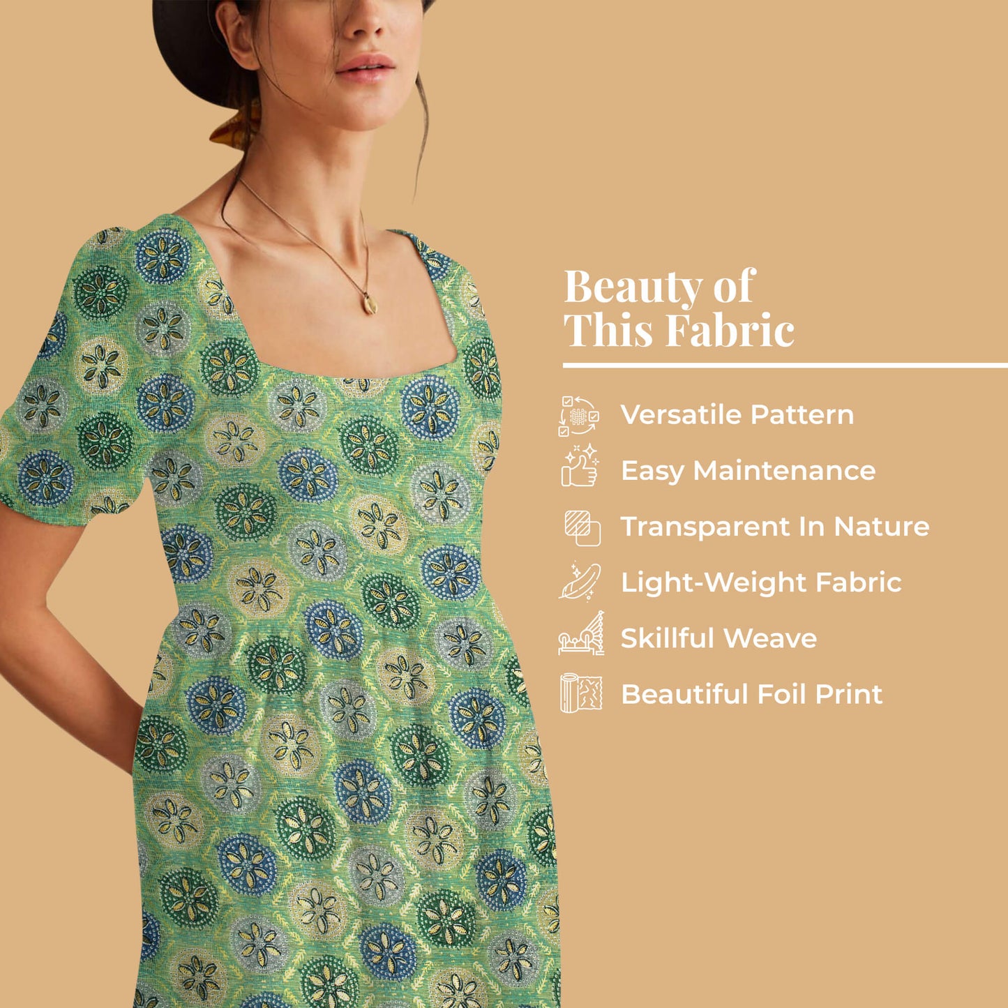 Middle Green And Space Blue Traditional Pattern Foil Print Kota Doria Fabric