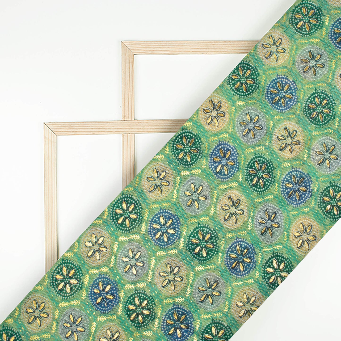 Middle Green And Space Blue Traditional Pattern Foil Print Kota Doria Fabric
