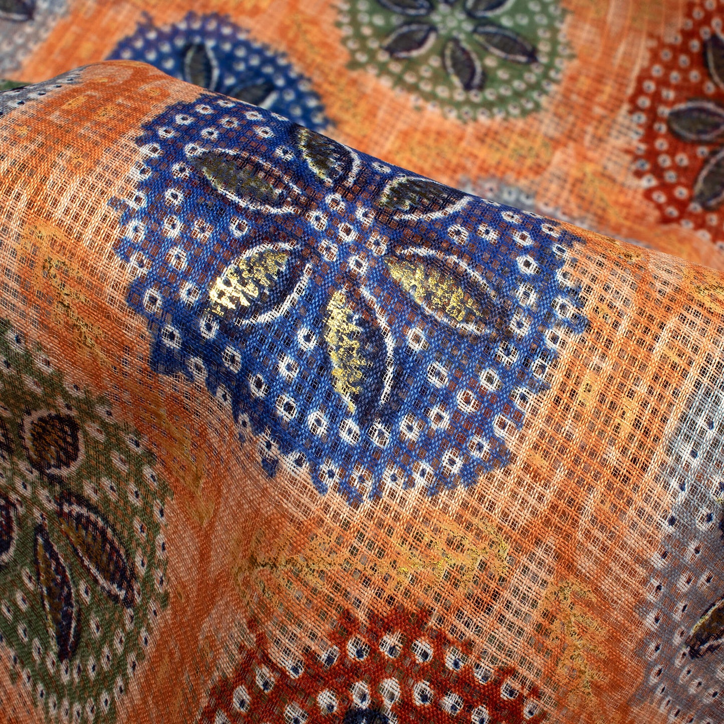 Light Orange And Space Blue Traditional Pattern Foil Print Kota Doria Fabric