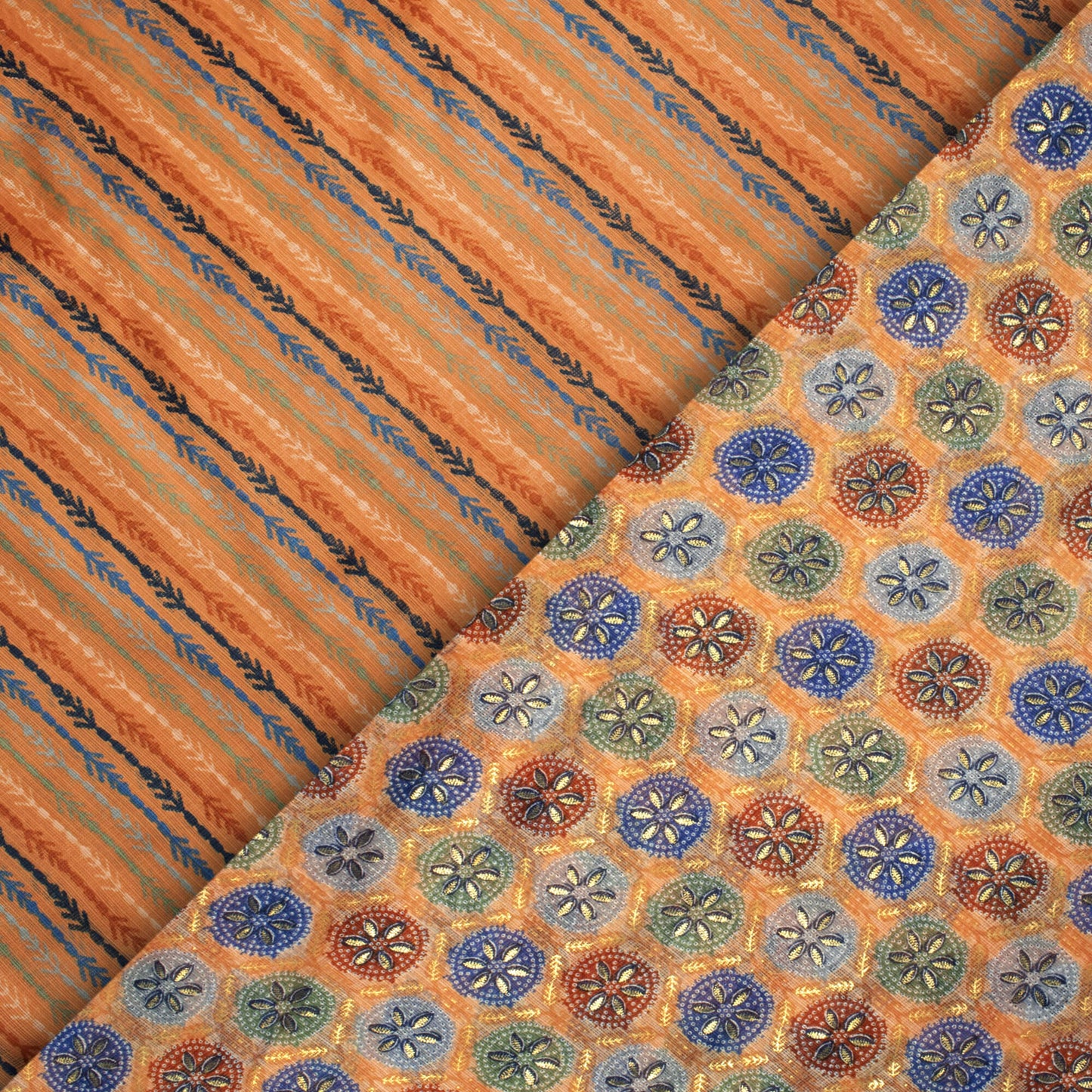 Light Orange And Space Blue Traditional Pattern Foil Print Kota Doria Fabric