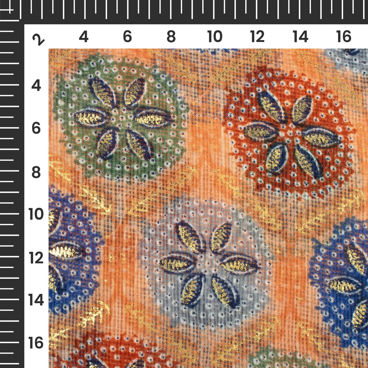 Light Orange And Space Blue Traditional Pattern Foil Print Kota Doria Fabric