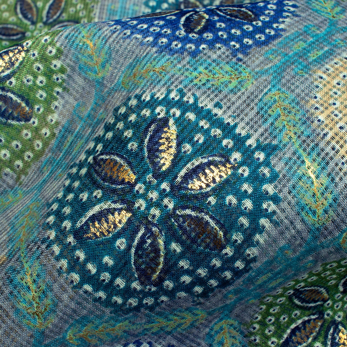 Pastel Blue And Green Traditional Pattern Foil Print Kota Doria Fabric
