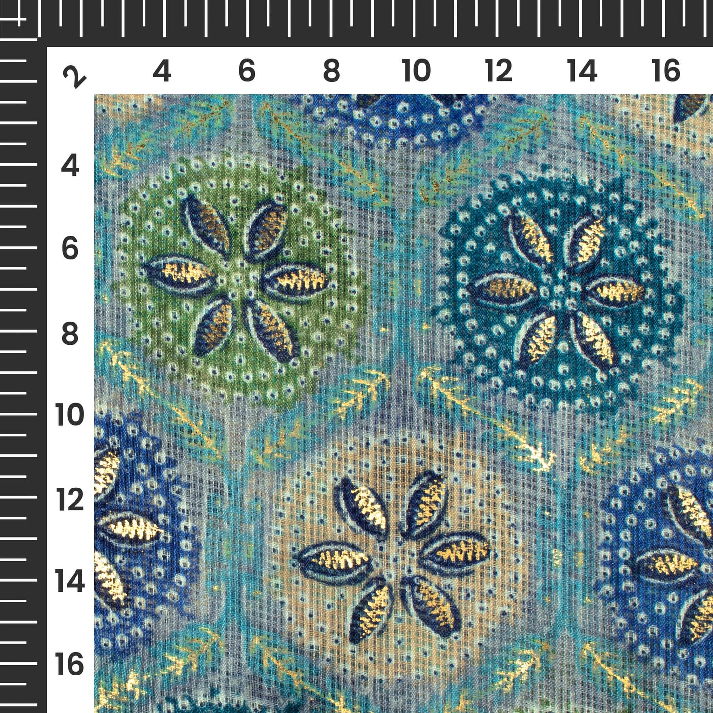 Pastel Blue And Green Traditional Pattern Foil Print Kota Doria Fabric