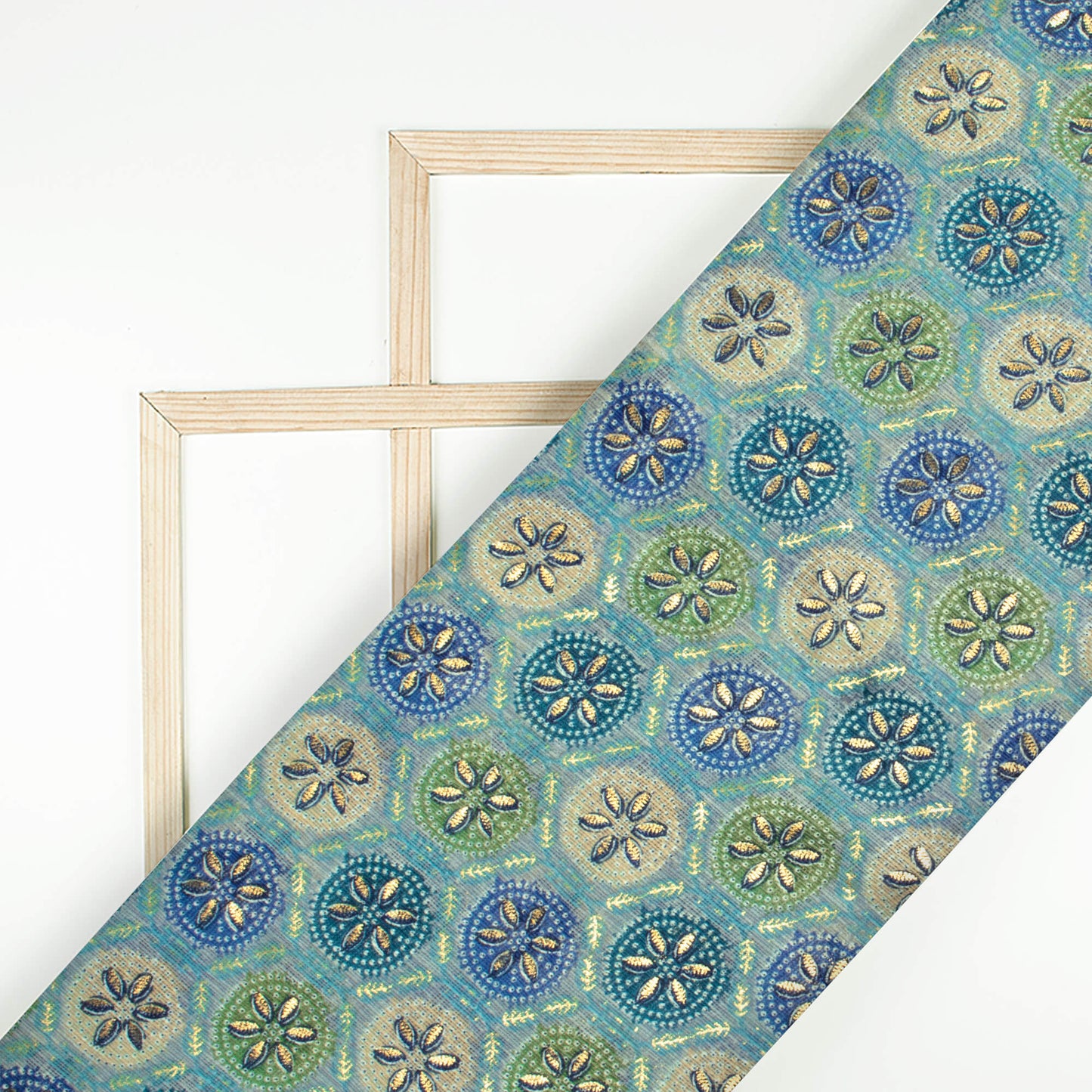 Pastel Blue And Green Traditional Pattern Foil Print Kota Doria Fabric