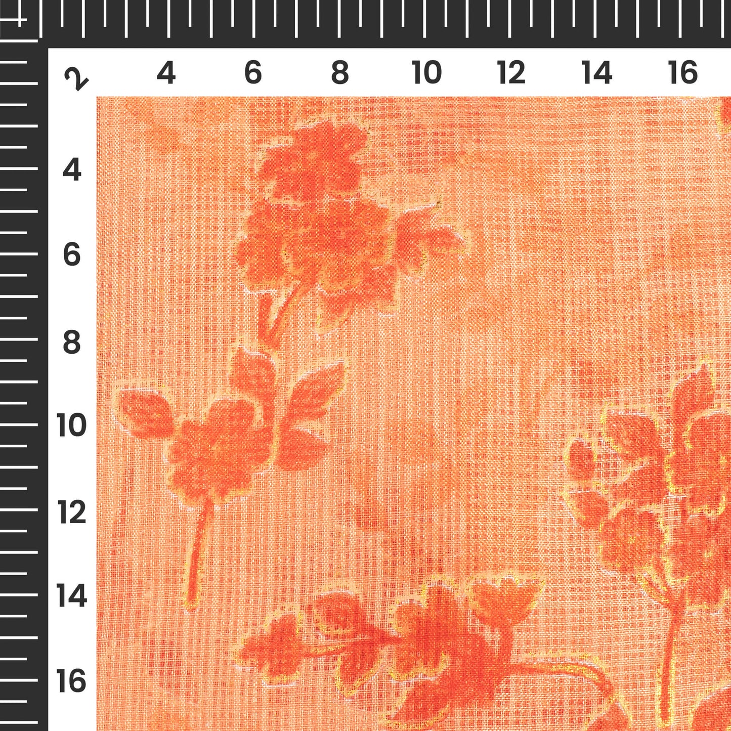 Salmon Orange Floral Pattern Foil Print Kota Doria Fabric