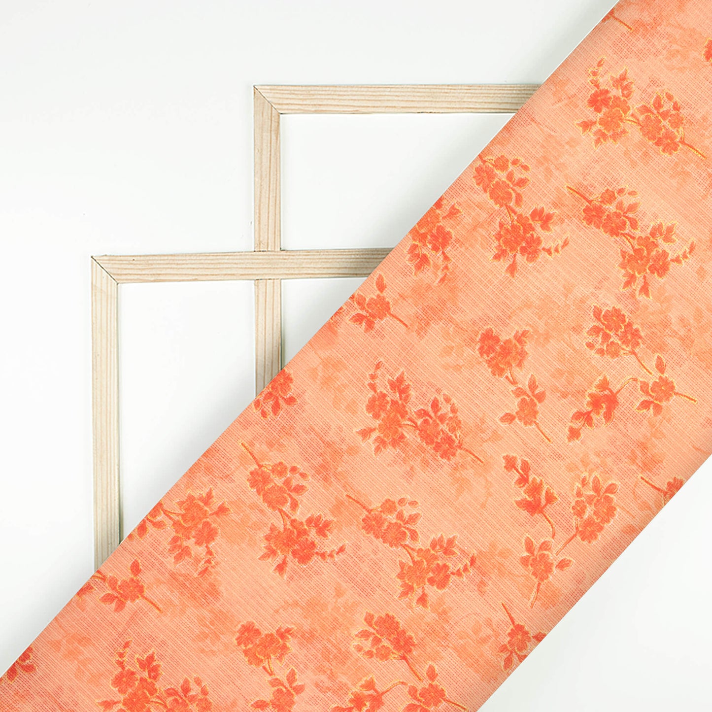 Salmon Orange Floral Pattern Foil Print Kota Doria Fabric