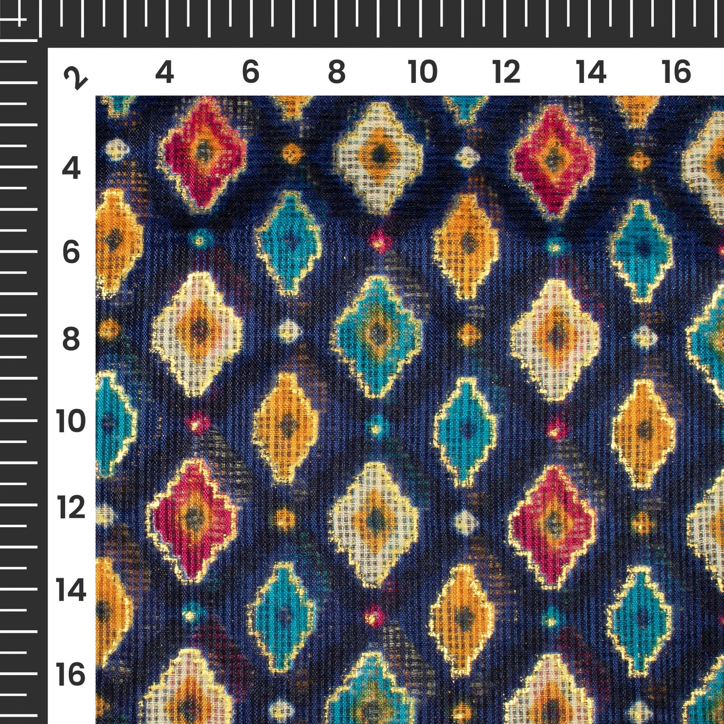 Space Blue And Dijon Yellow Abstract Pattern Foil Print Kota Doria Fabric
