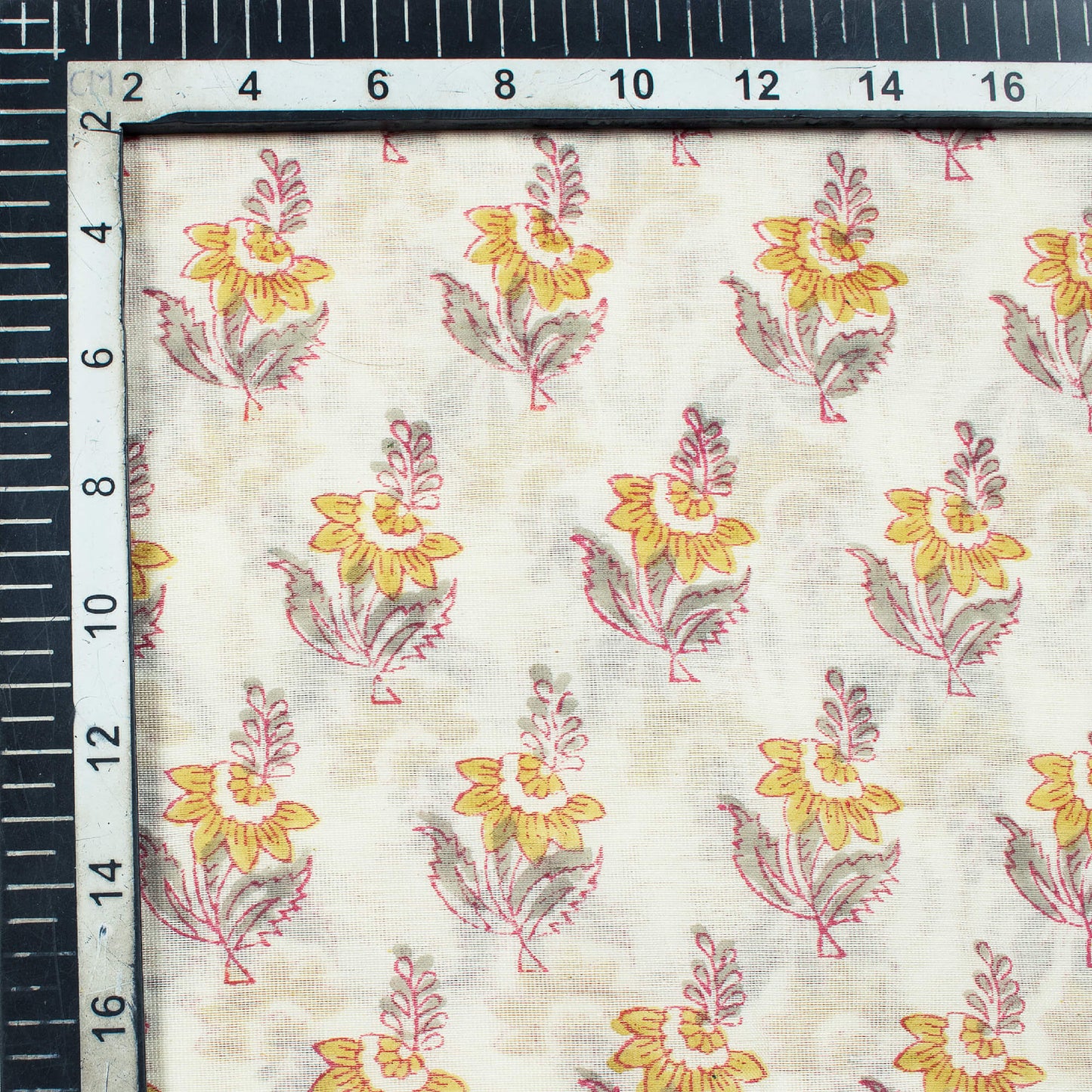 Off White And Grey Booti Pattern Handblock Pure Banarasi Chanderi Fabric