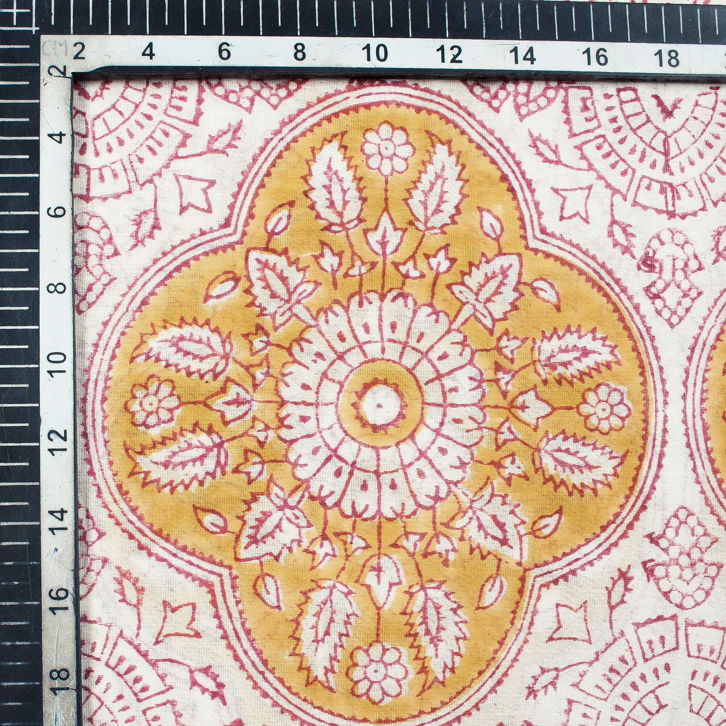 Mustard Yellow And Maroon Traditonal Pattern Handblock Pure Banarasi Chanderi Fabric
