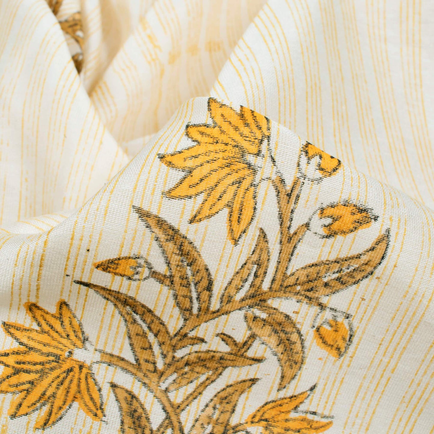 Yellow And Beige Floral Pattern Handblock Pure Banarasi Chanderi Fabric