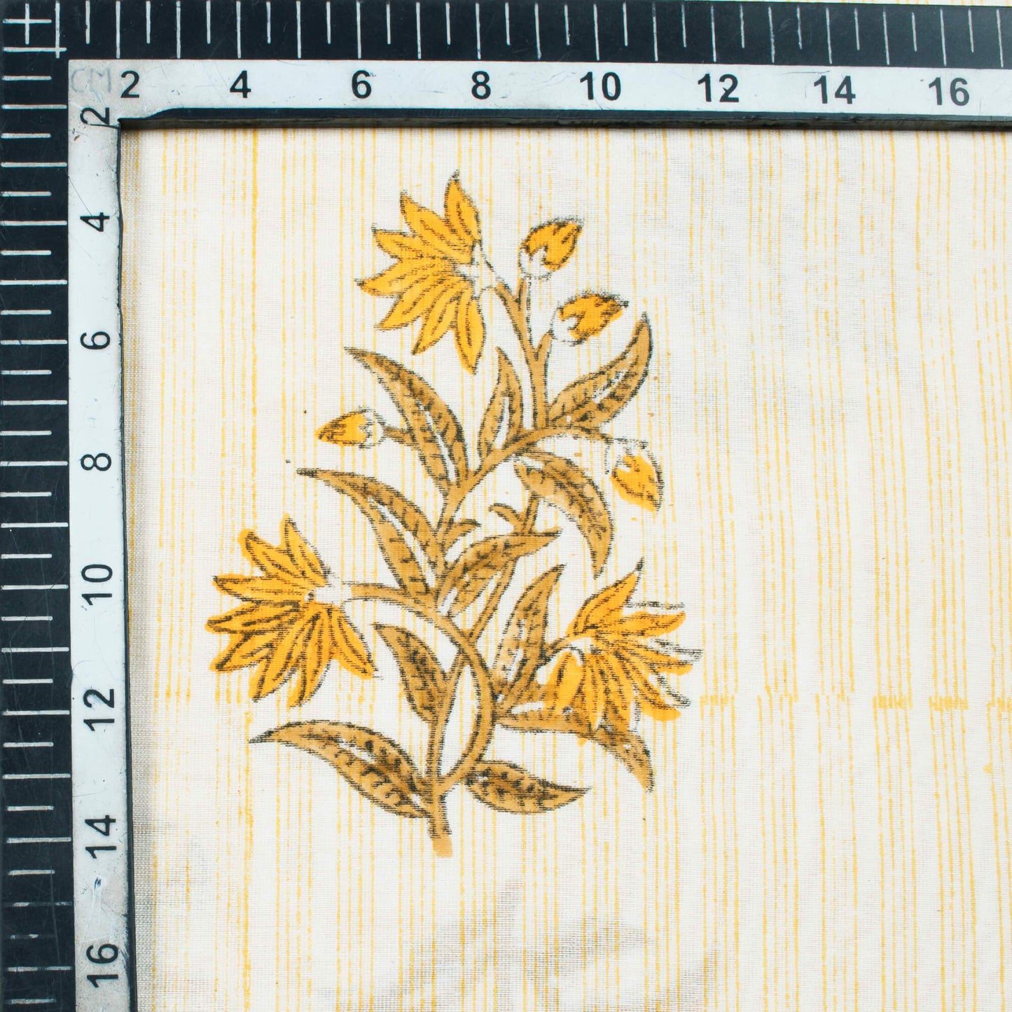 Yellow And Beige Floral Pattern Handblock Pure Banarasi Chanderi Fabric