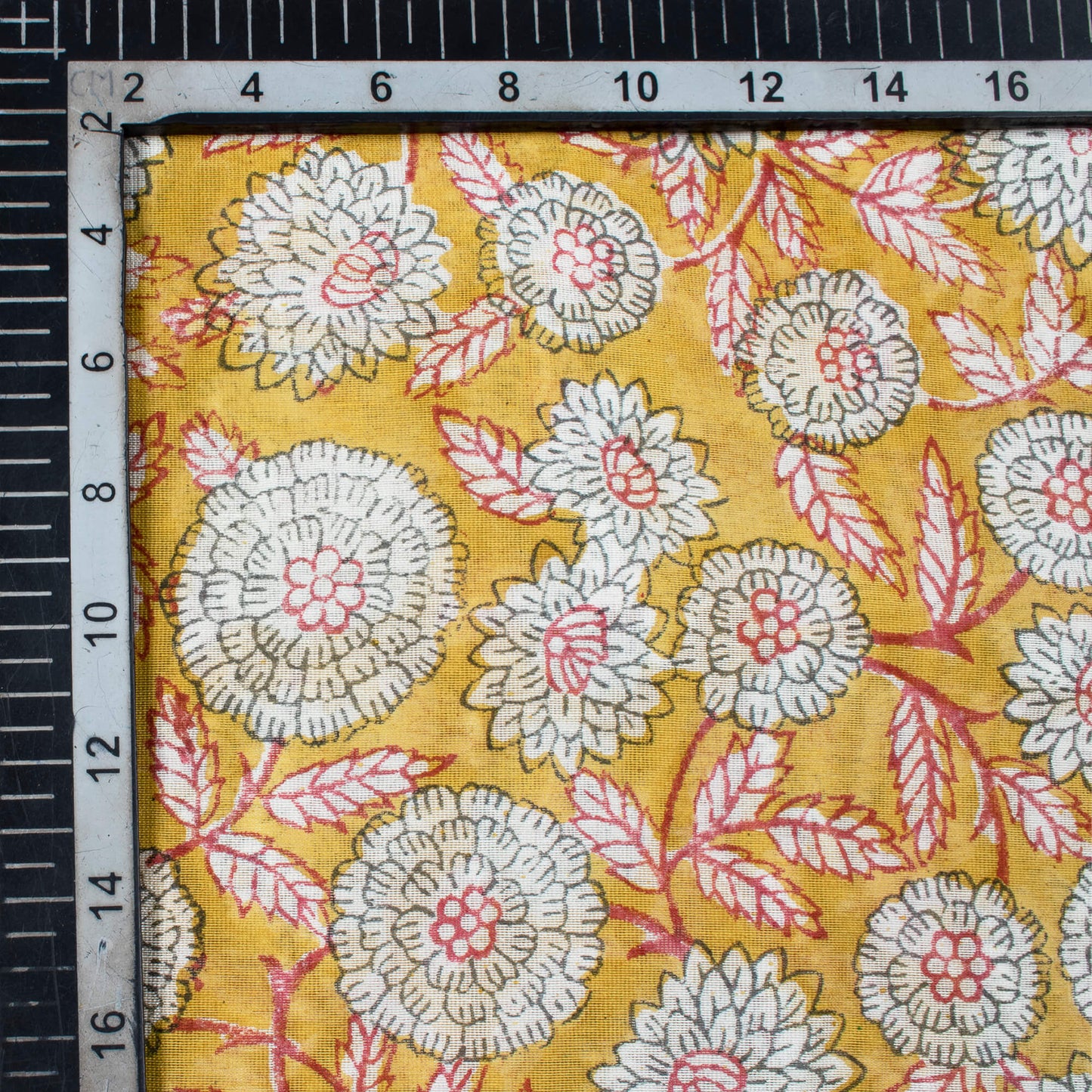 Mustard Yellow And Grey Floral Pattern Handblock Pure Banarasi Chanderi Fabric