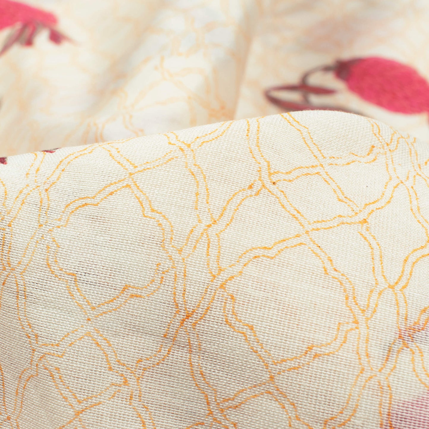 Cream And Fuchsia Floral Pattern Handblock Pure Banarasi Chanderi Fabric