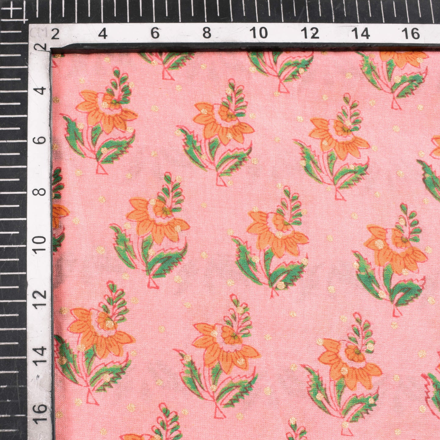 Peach And Orange Booti Pattern Handblock Pure Banarasi Chanderi Fabric