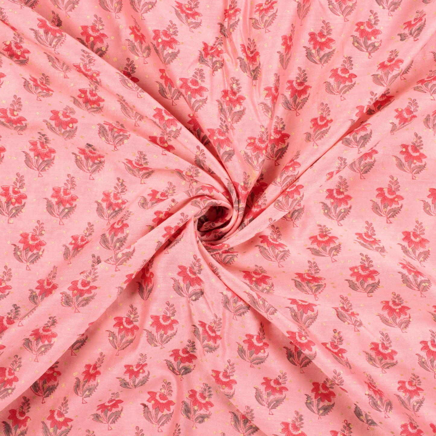 Peach And Grey Booti Pattern Handblock Pure Banarasi Chanderi Fabric