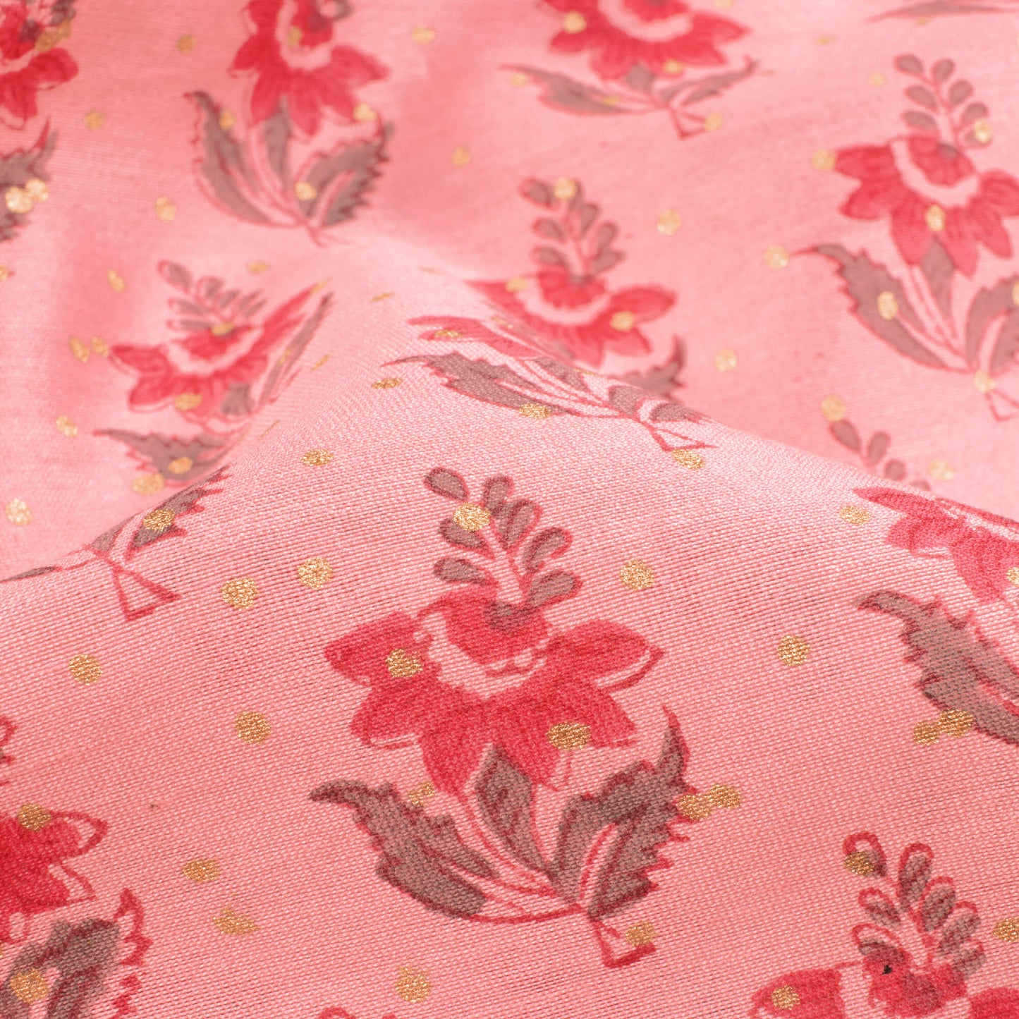 Peach And Grey Booti Pattern Handblock Pure Banarasi Chanderi Fabric