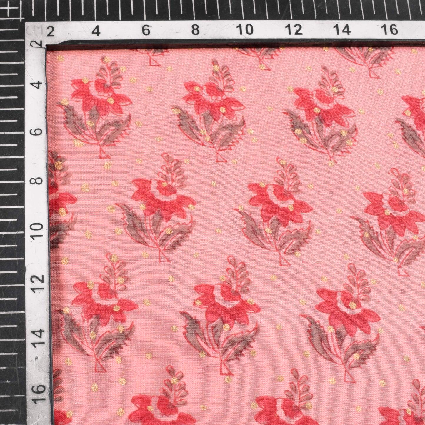 Peach And Grey Booti Pattern Handblock Pure Banarasi Chanderi Fabric