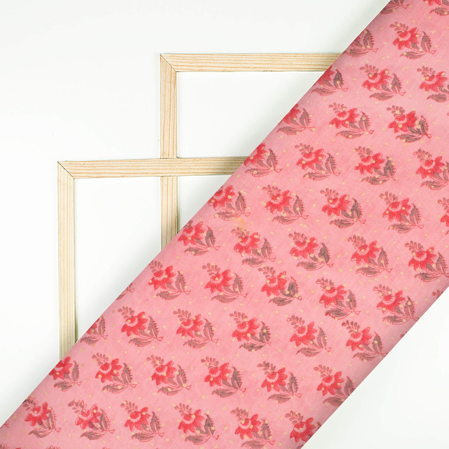 Peach And Grey Booti Pattern Handblock Pure Banarasi Chanderi Fabric - Fabcurate