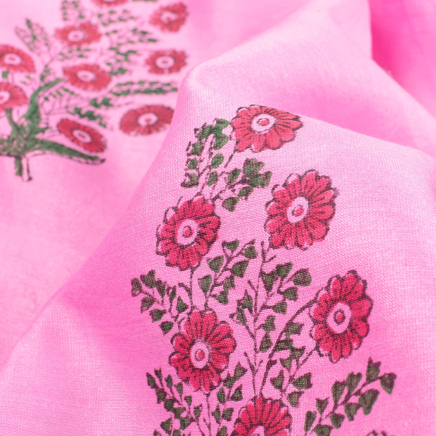 Taffy Pink And Red Floral Pattern Handblock Pure Banarasi Chanderi Fabric