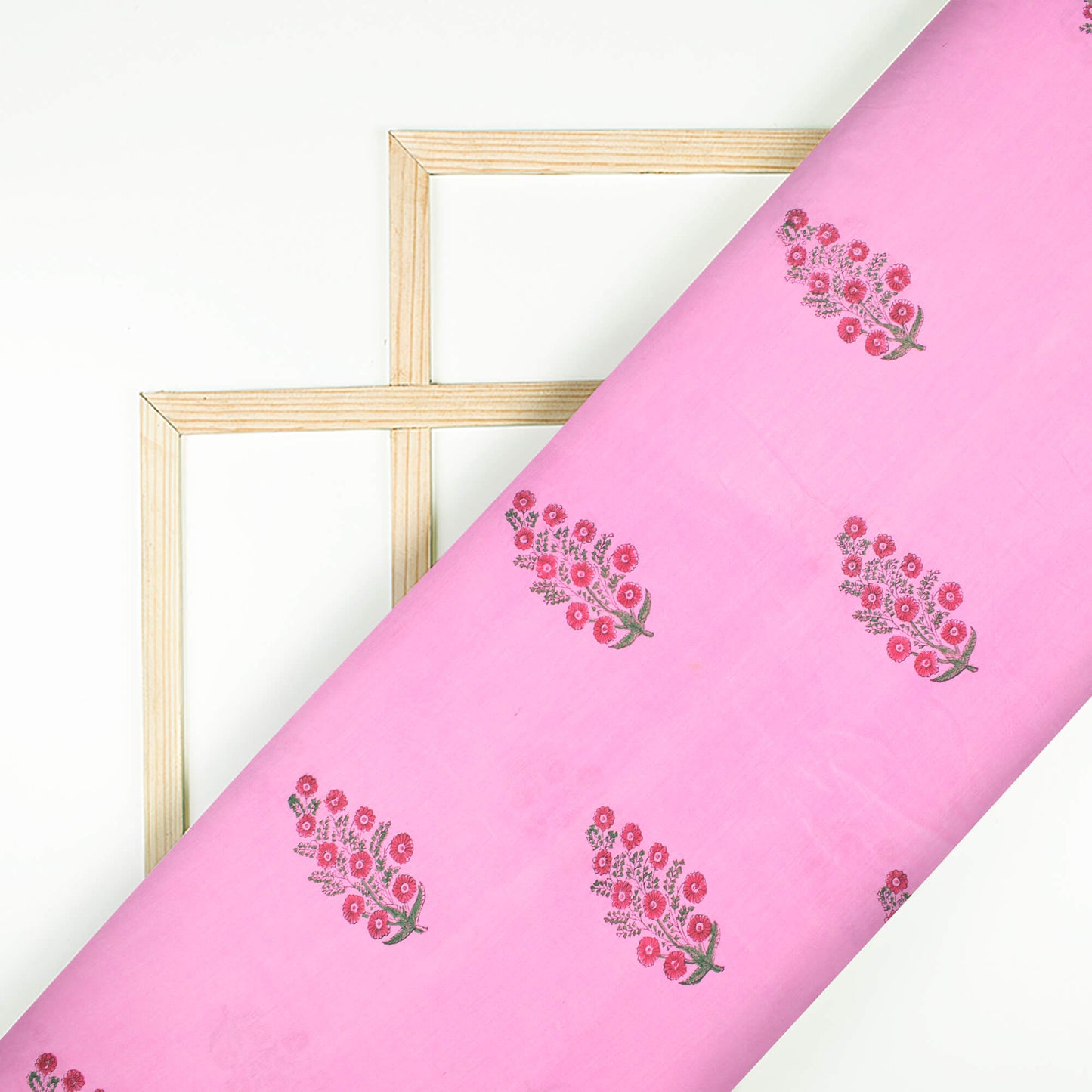 Taffy Pink And Red Floral Pattern Handblock Pure Banarasi Chanderi Fabric