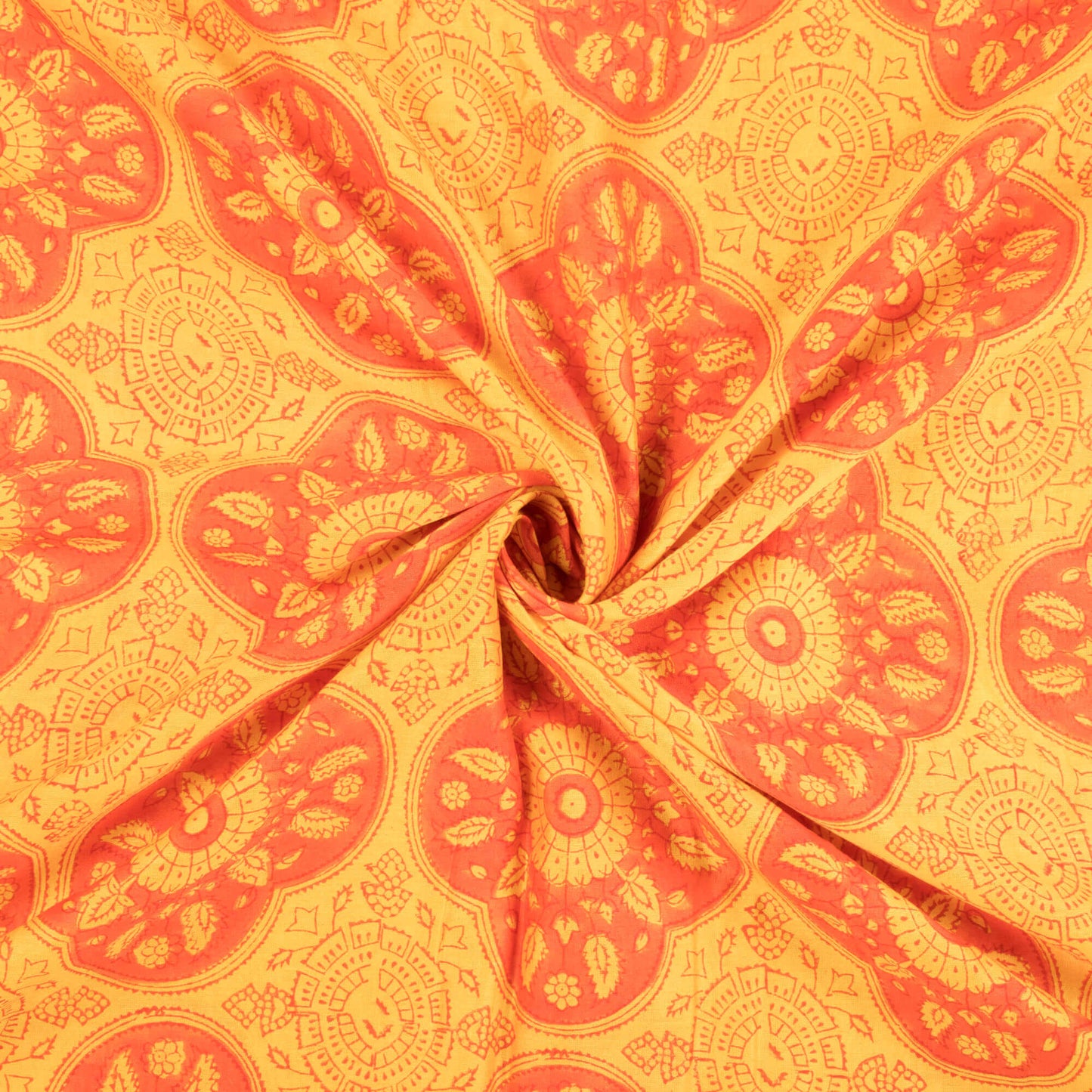 Yellow And Orange Traditional Pattern Handblock Pure Banarasi Chanderi Fabric