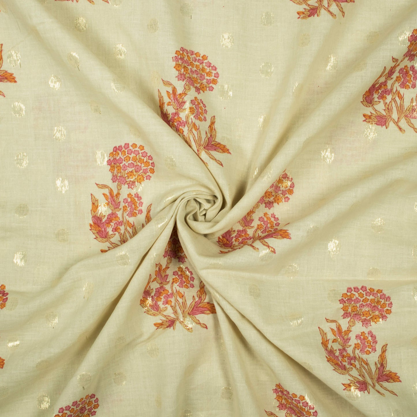 Beige And Orange Floral Pattern Handblock Cotton Lurex Fabric