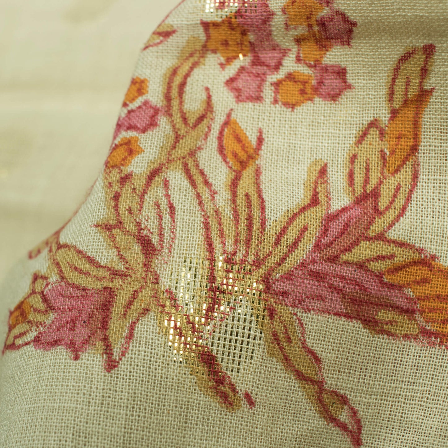 Beige And Orange Floral Pattern Handblock Cotton Lurex Fabric