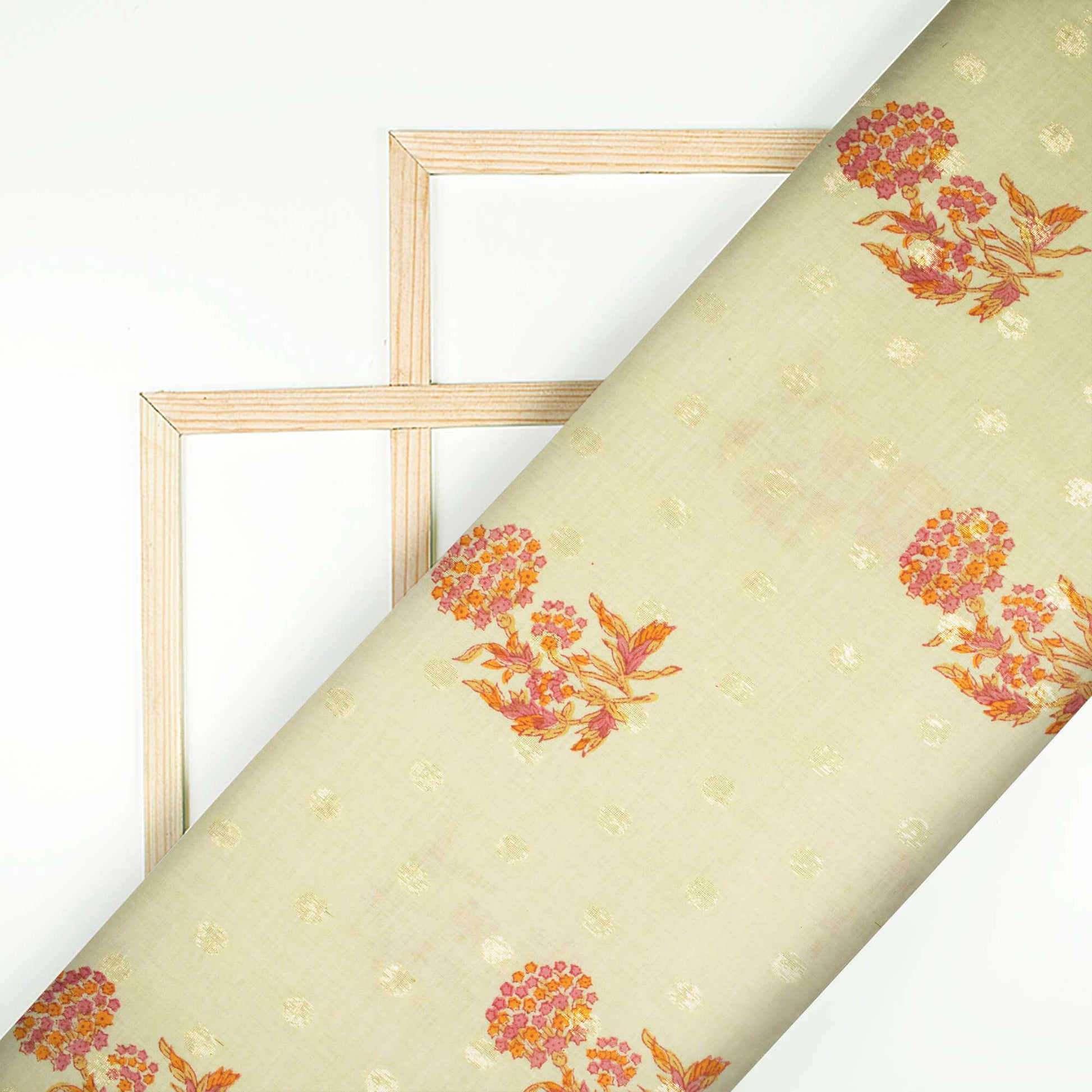 Beige And Orange Floral Pattern Handblock Cotton Lurex Fabric - Fabcurate
