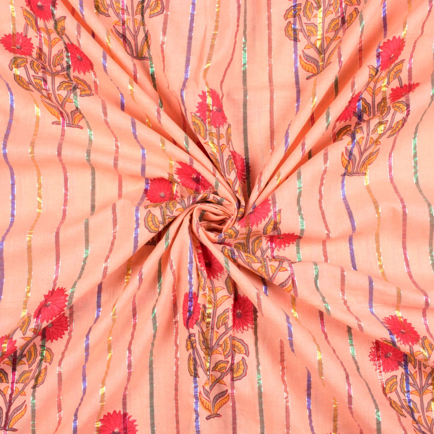 Salmon Peach And Red Floral Pattern Handblock Cotton Lurex Fabric