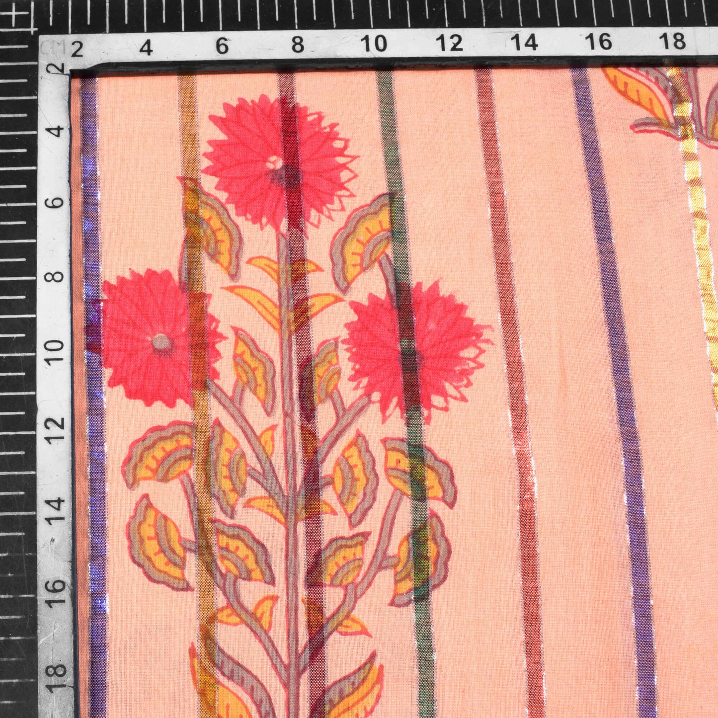 Salmon Peach And Red Floral Pattern Handblock Cotton Lurex Fabric